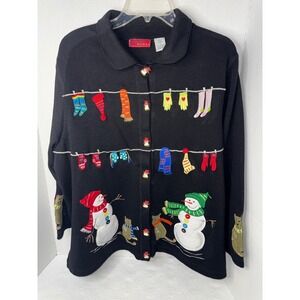 Onque Woman Black Embroidered Snowman Cat Winter Cardigan Sweater 1X Novelty